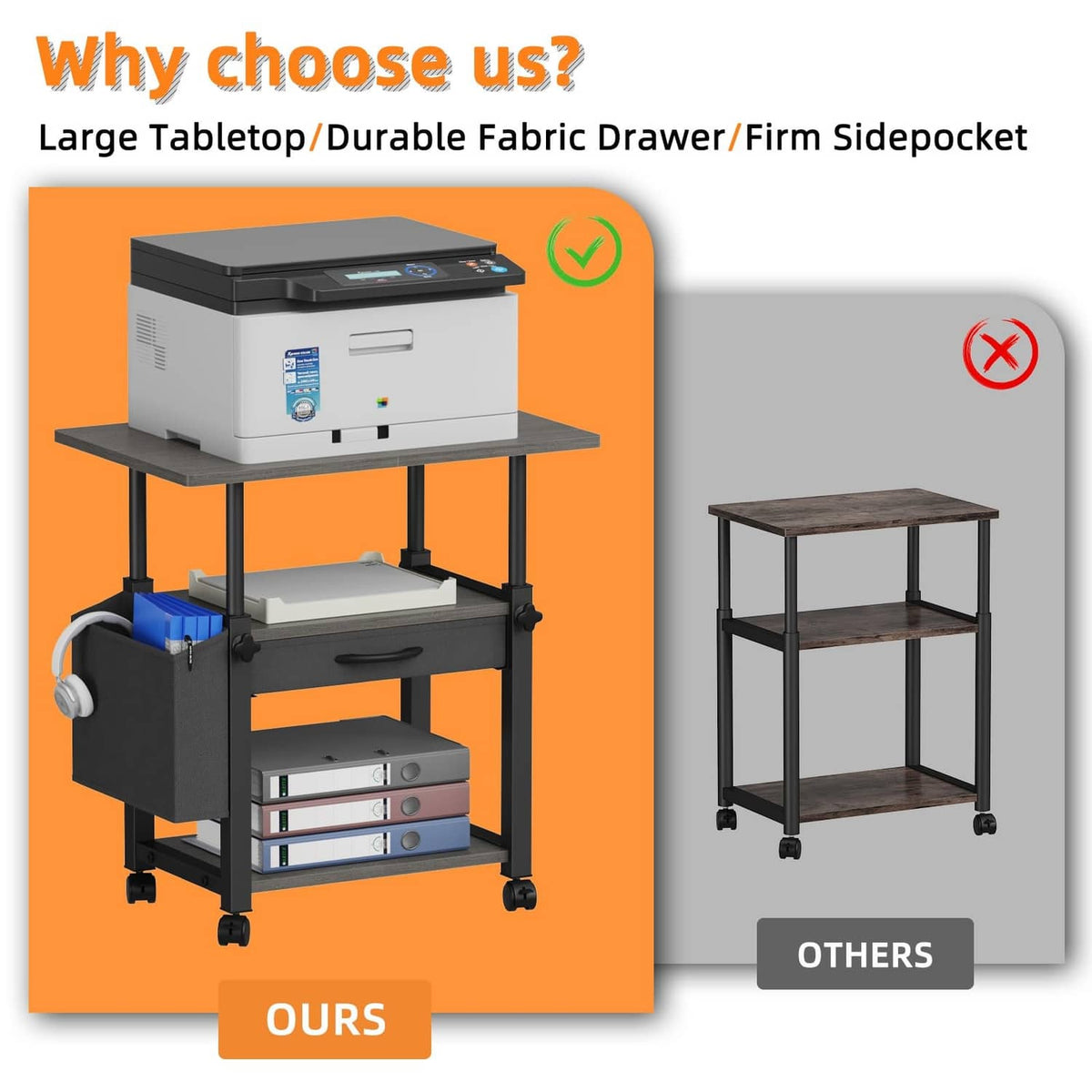 Gray printer stand cart with drawer, casters, and adjustable tabletop support legs