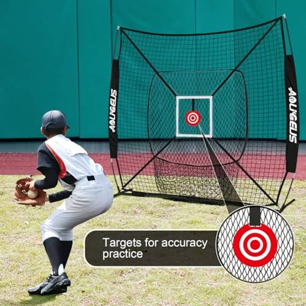 Black pitching practice net with square target window and ground stakes