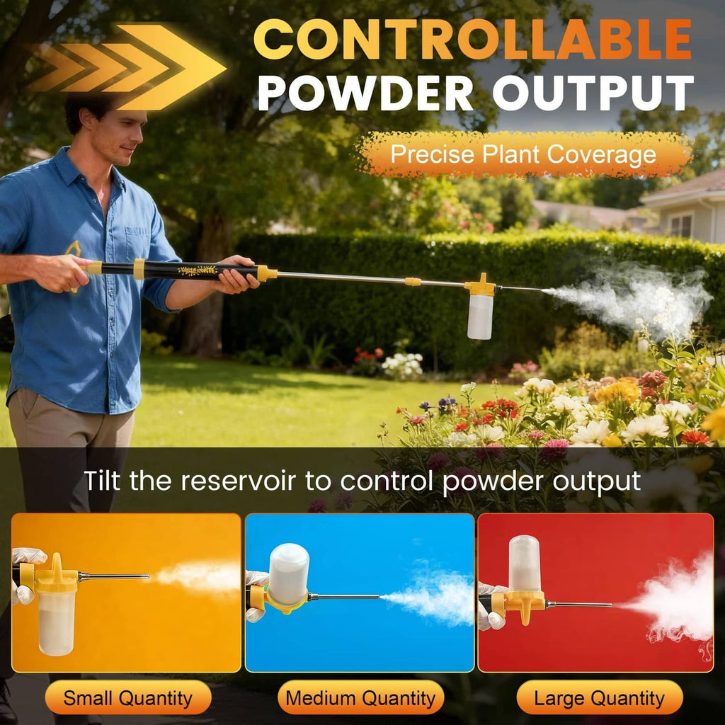 Powder sprayer wand with yellow control parts and clear bottle, dispensing white powder stream