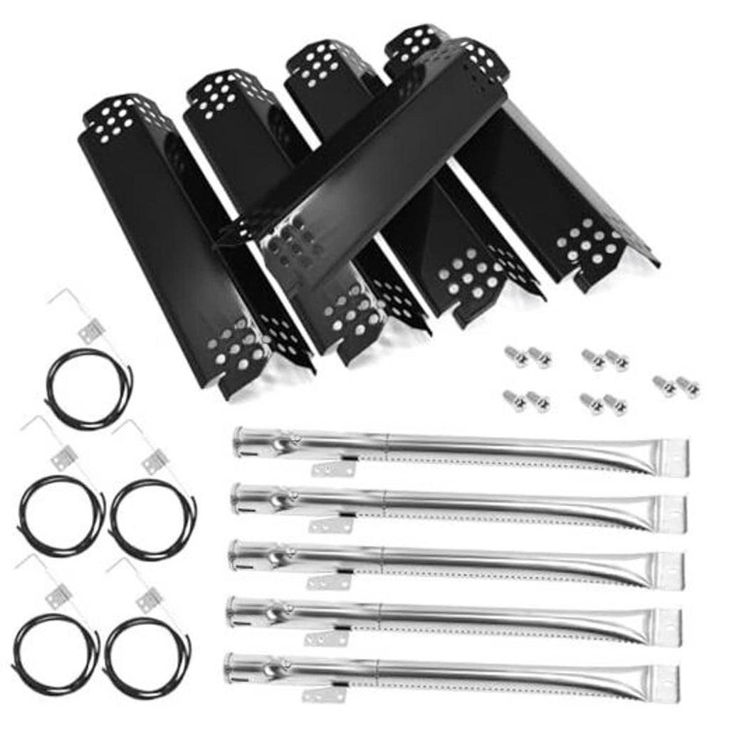 Porcelain steel grill burner kit with black heat plates and silver burner tubes plus hardware