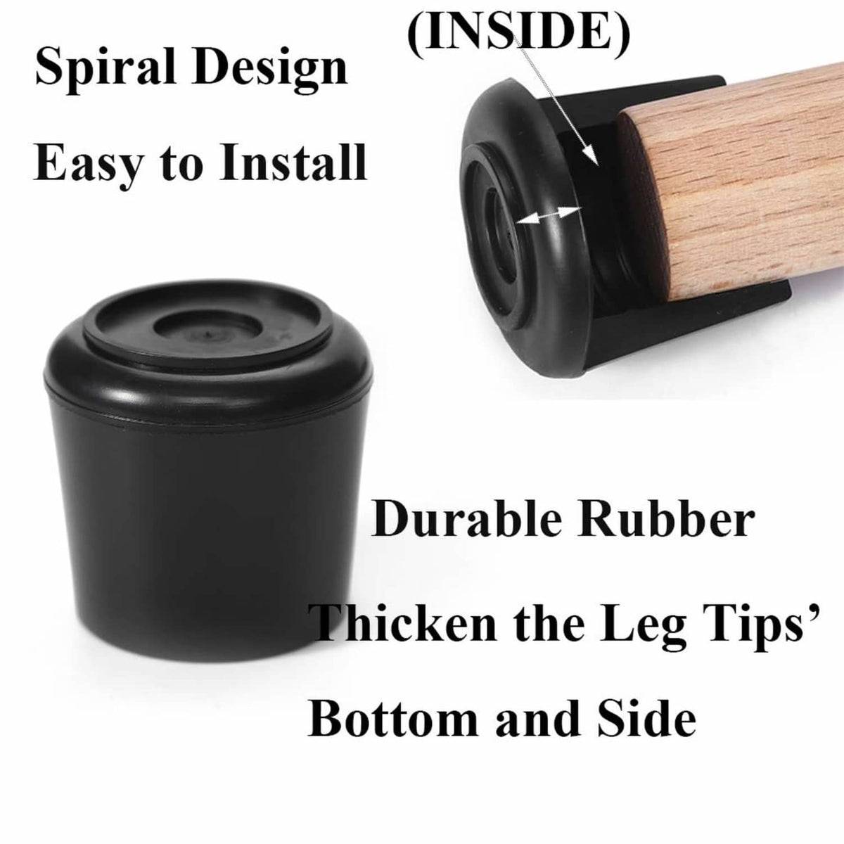 Black spiral-design rubber chair leg cap with open sleeve, shown on wooden leg