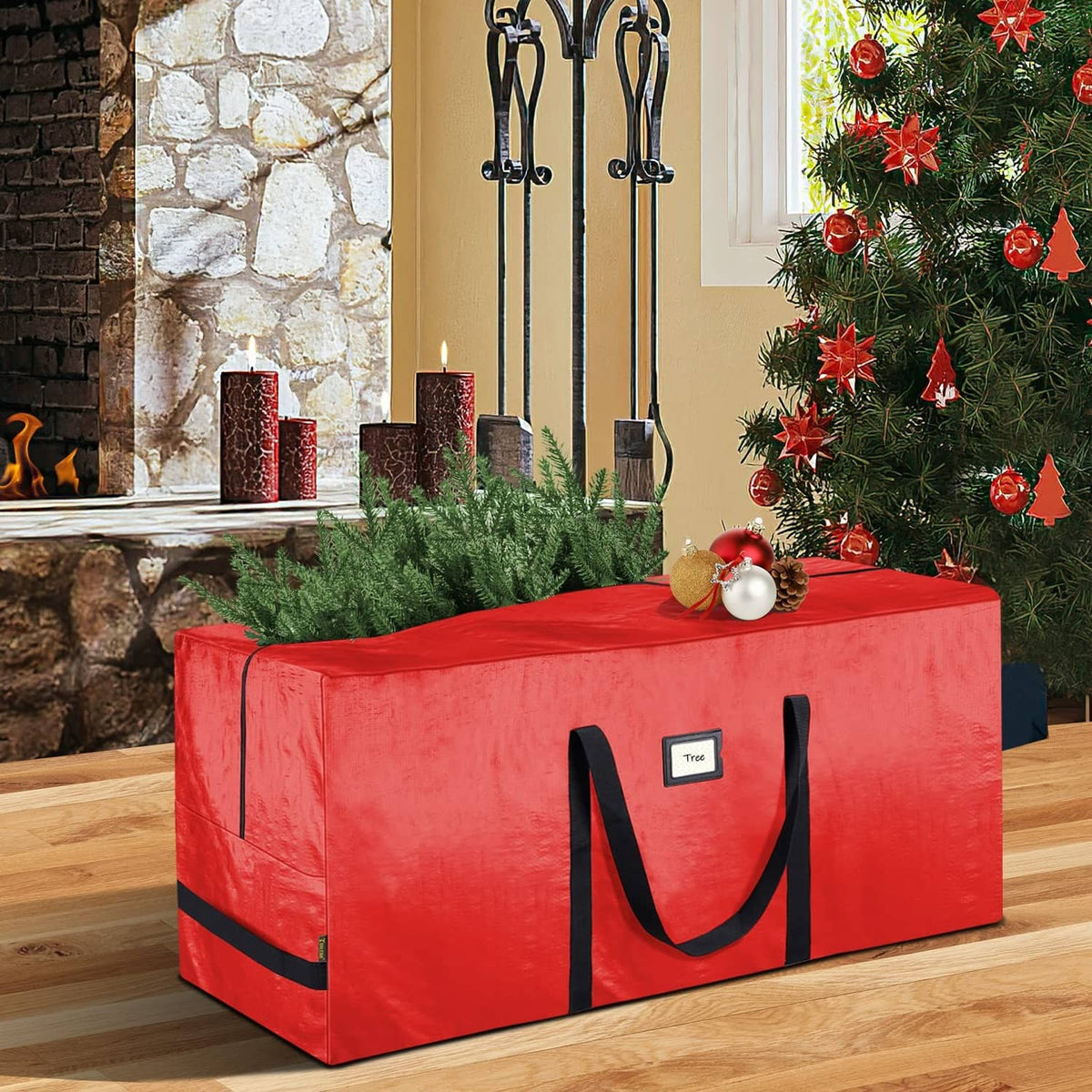 Red Christmas tree storage bag with black carry handles and front ID label window
