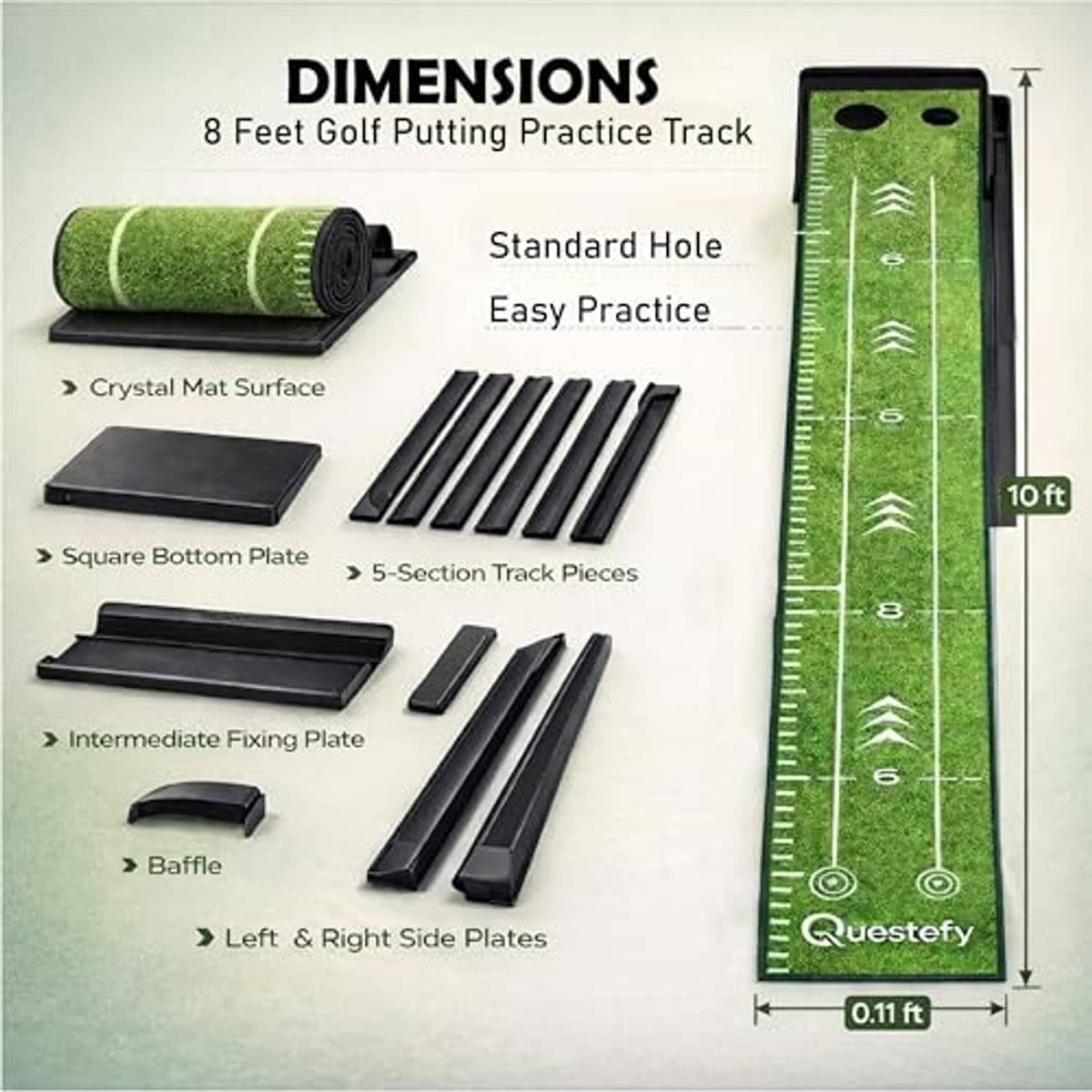 Green putting mat kit with ball return track pieces and practice holes on the mat