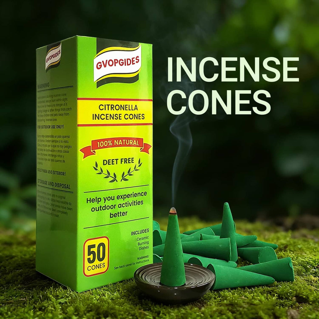 Citronella incense cones set with green cones and black dish next to green box
