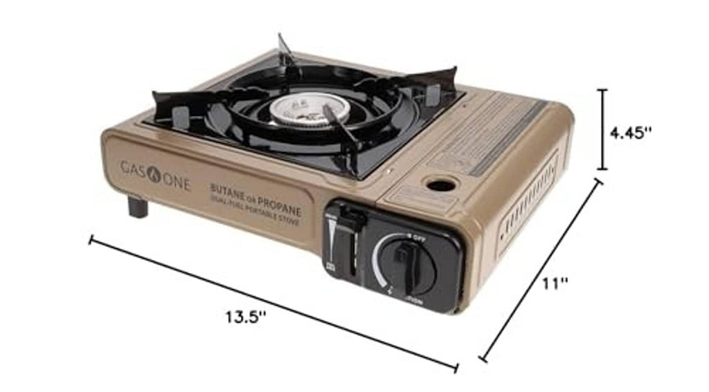 Portable dual-fuel camp stove dimensions diagram, beige body with burner and control knobs