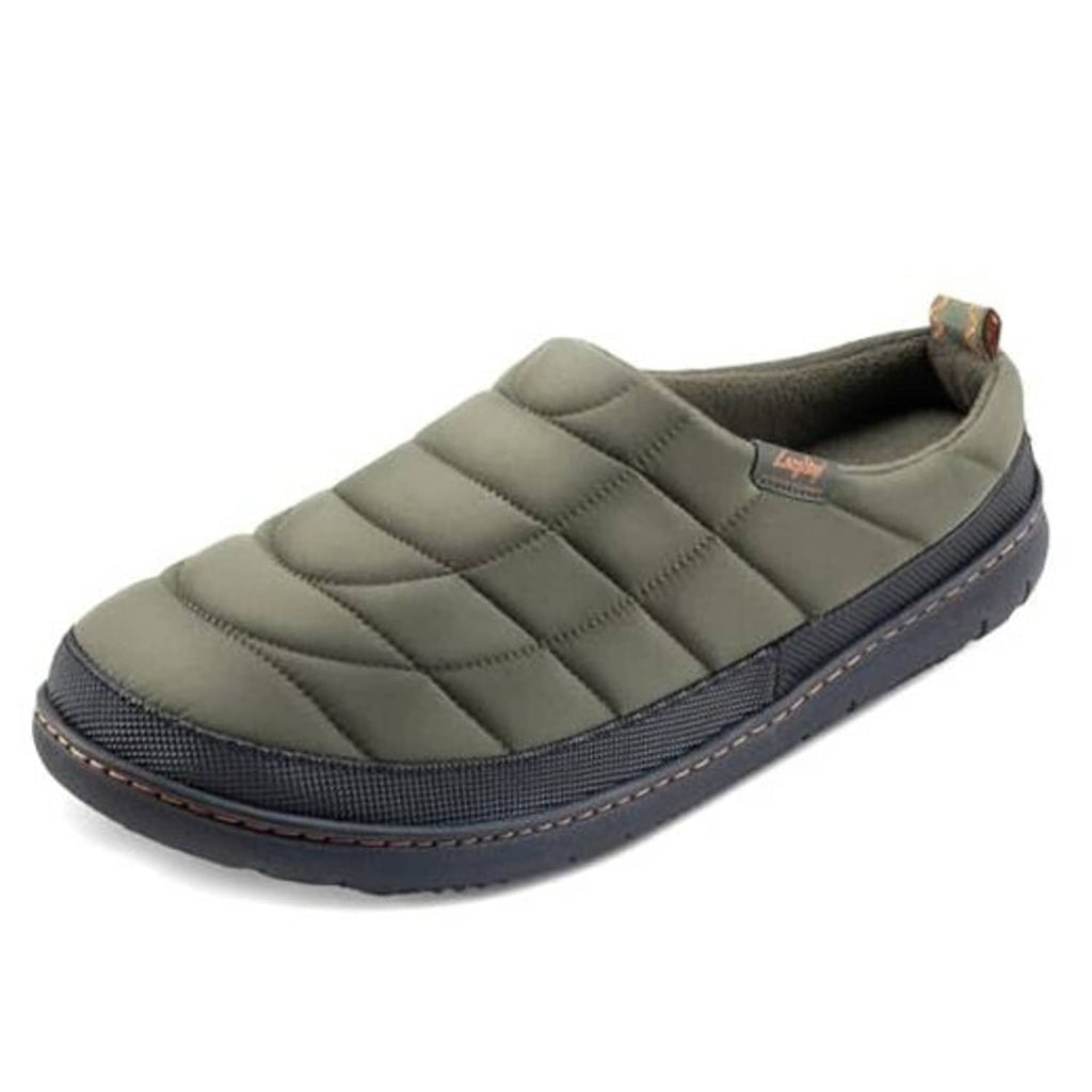 Men's slip-on memory foam slippers in olive green with quilted upper and cushioned sole