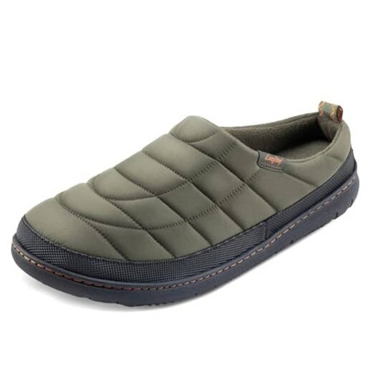 Men's slip-on memory foam slippers in olive green with quilted upper and cushioned sole