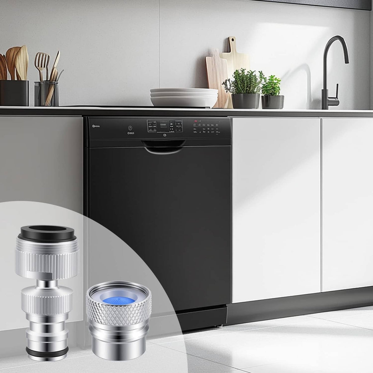 Chrome faucet adapter kit with two pieces and a blue inlet screen