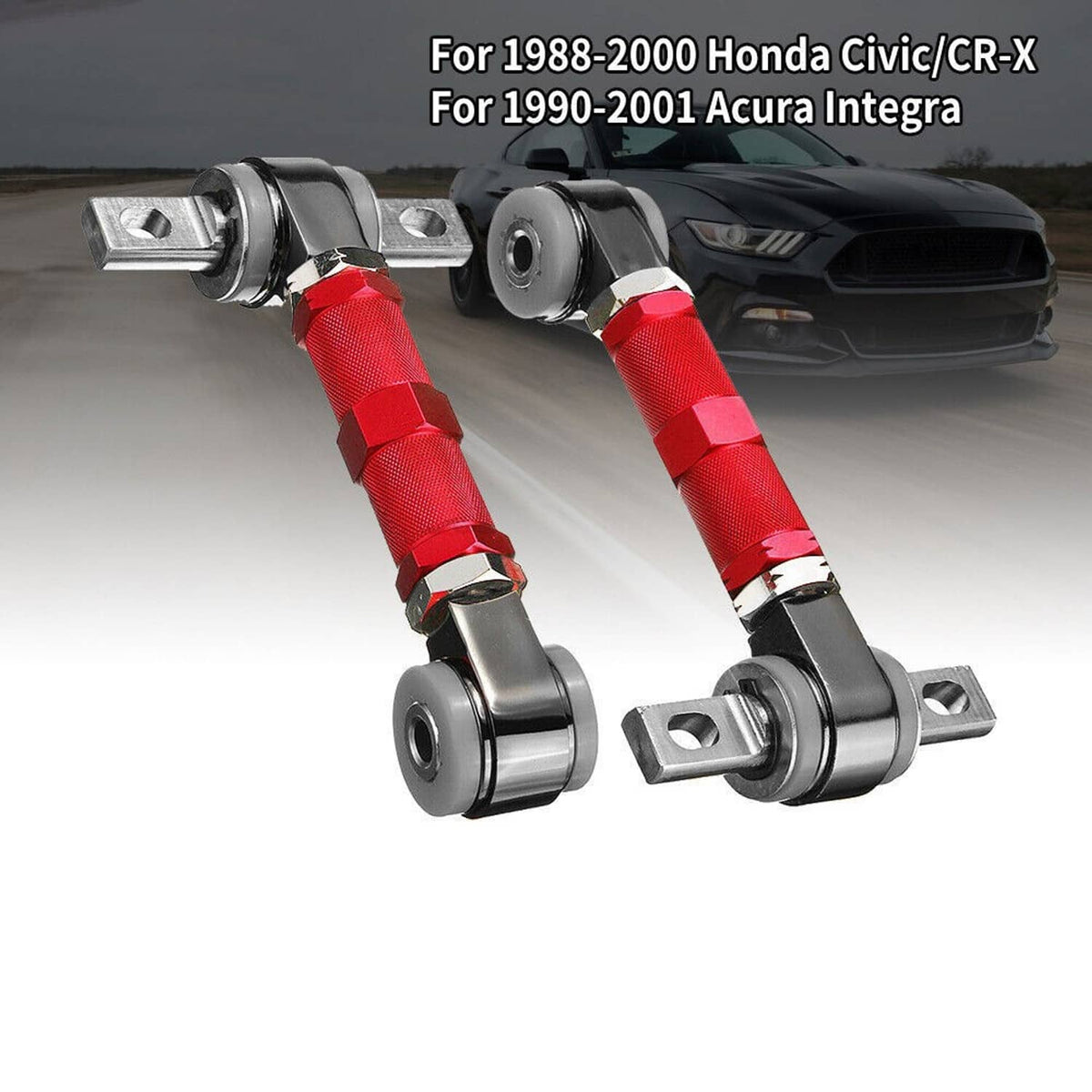 Pair of red adjustable control arms with black ball joints and mounting tabs