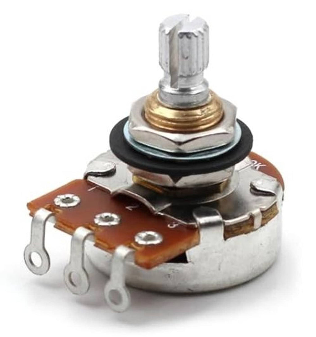 Close-up potentiometer showing short split shaft, orange resistive element, and metal tabs.