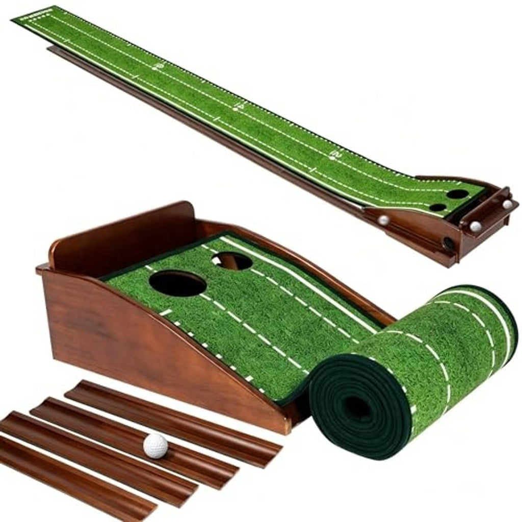 Indoor putting green mat set with rolled rubber return track and wooden rails