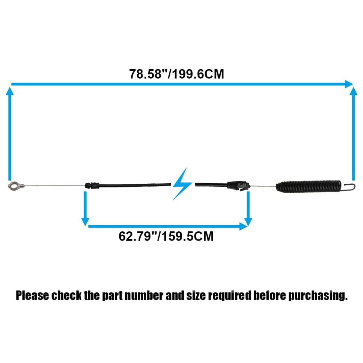 Deck engagement cable with length measurements, black spring and connector ends