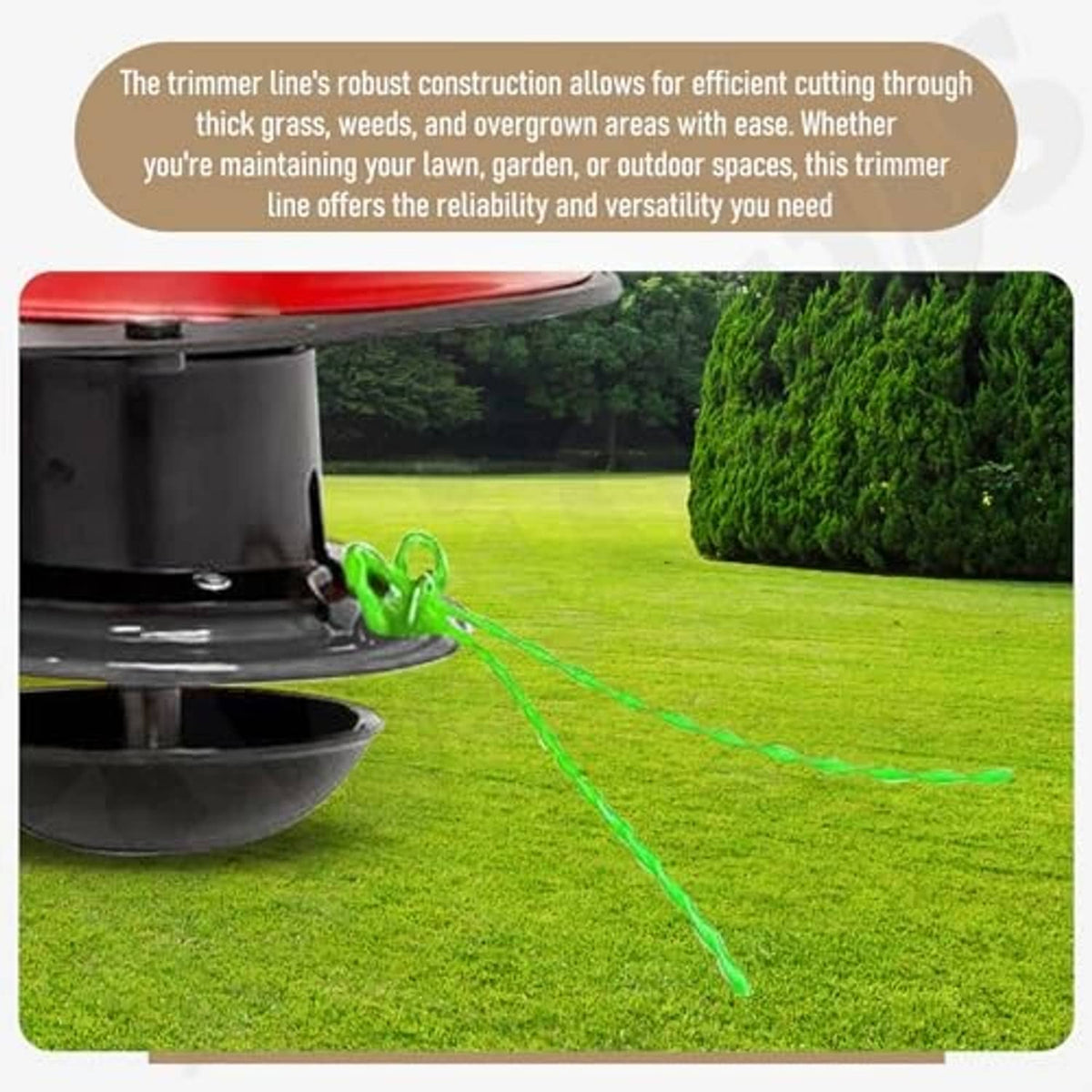 Green trimmer line feeding from the trimmer head for edging through grass