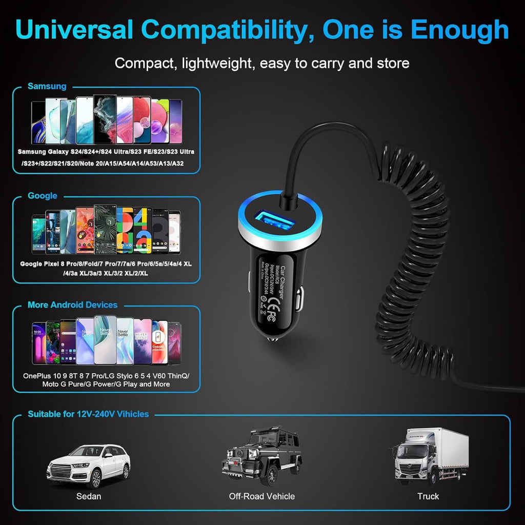 USB-C car charger with blue LED ring and coiled cable, compact plug