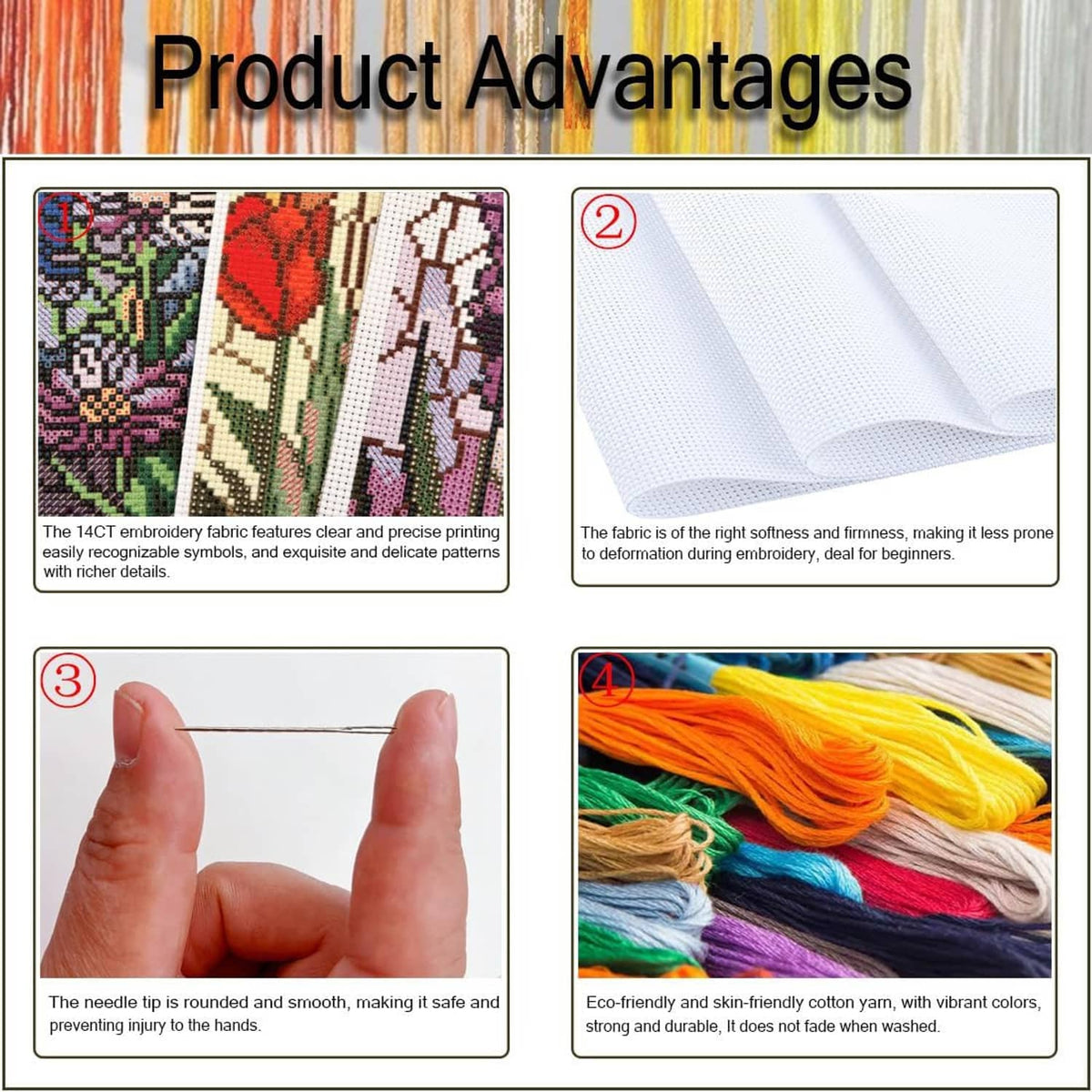 Cross-stitch kit product advantages: clear 14ct fabric, rounded needle, colorful embroidery floss