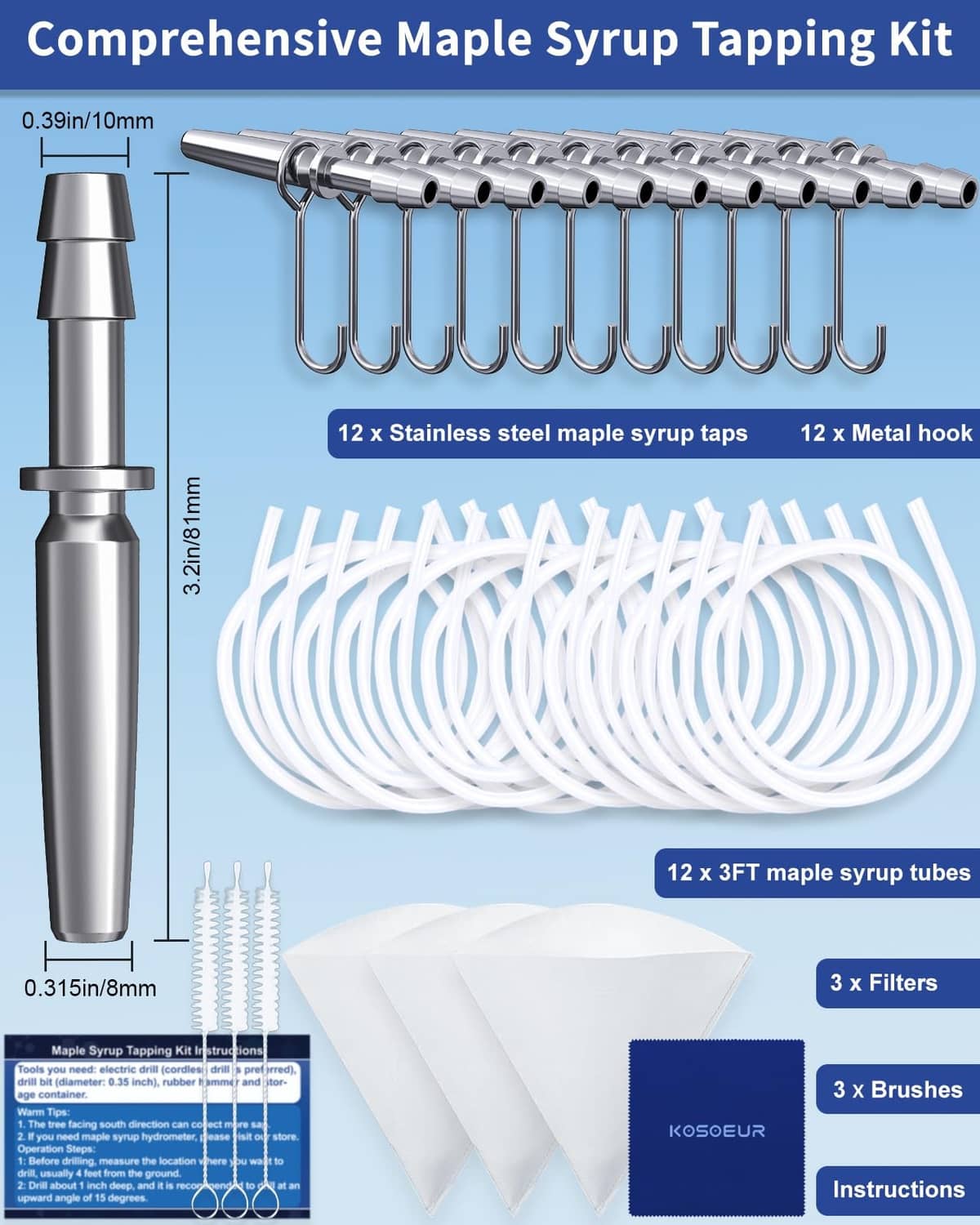 Maple syrup tapping kit components: stainless tap, metal hook, white tubes, filters, brushes