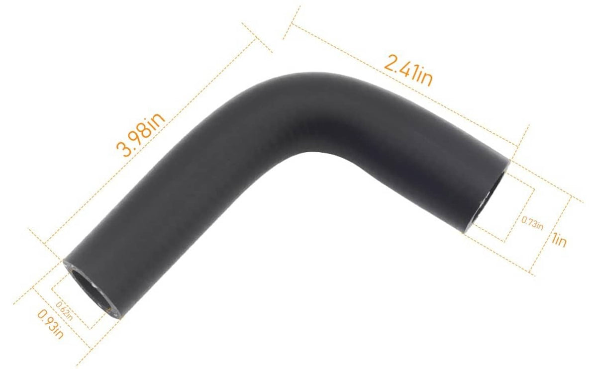 Black molded rubber elbow hose with printed size measurements and open ends