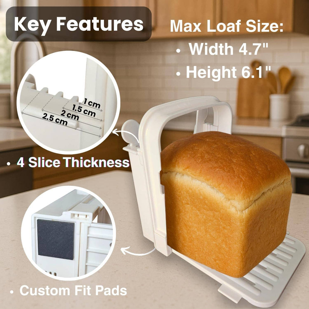 White bread slicer guide holding a whole loaf for slicing