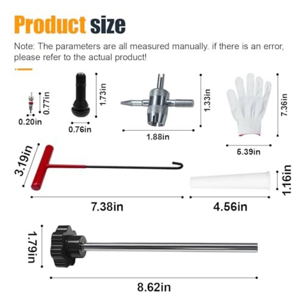 Tire valve tool kit size diagram with long rod, core remover, gloves, caps