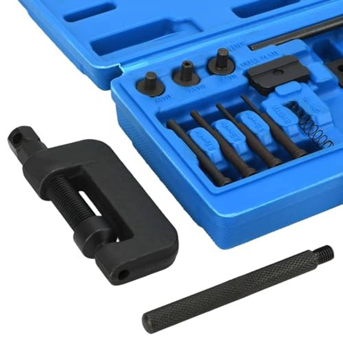 Motorcycle chain breaker tool press and steel pins with spring in blue case tray