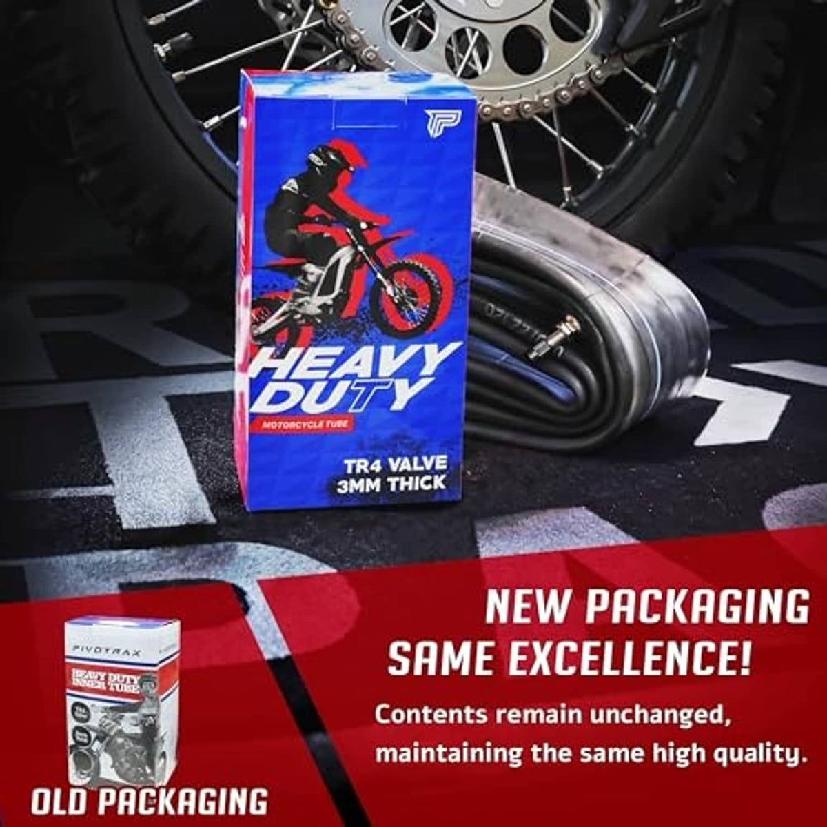 Heavy-duty motorcycle inner tube with TR4 valve stem, shown next to box