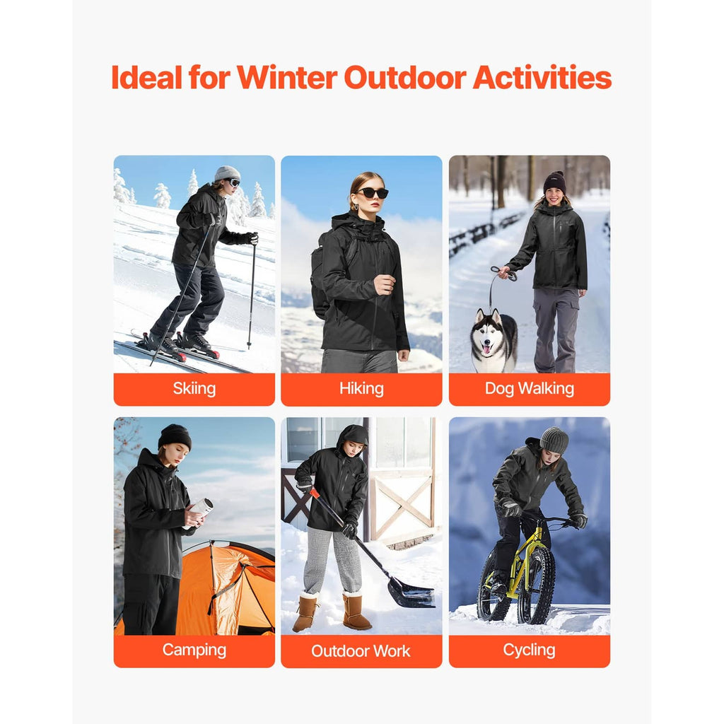 Black hooded heated jacket shown with winter outdoor activity icons collage.