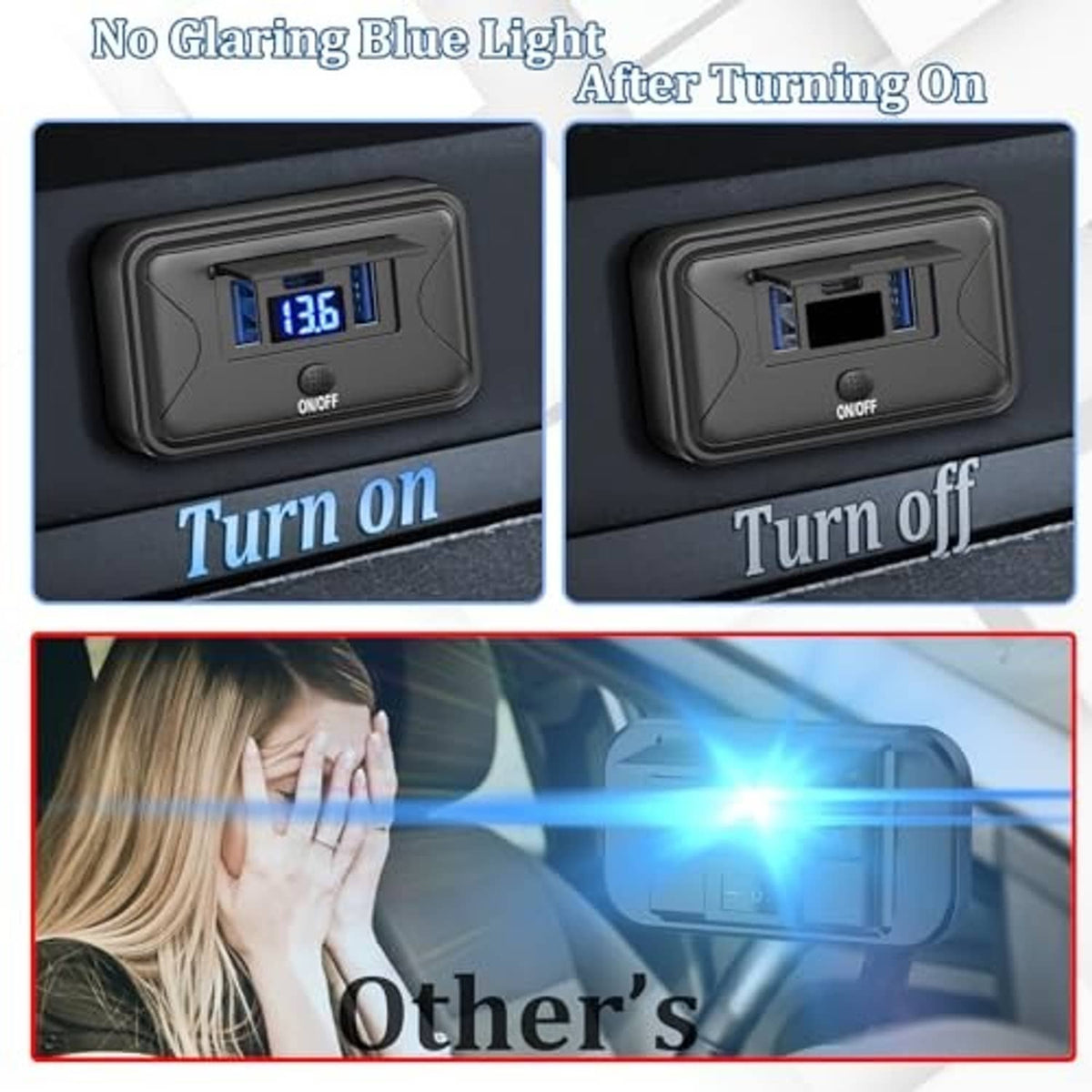 Black USB outlet panel wall mount with blue backlit display and dual USB ports
