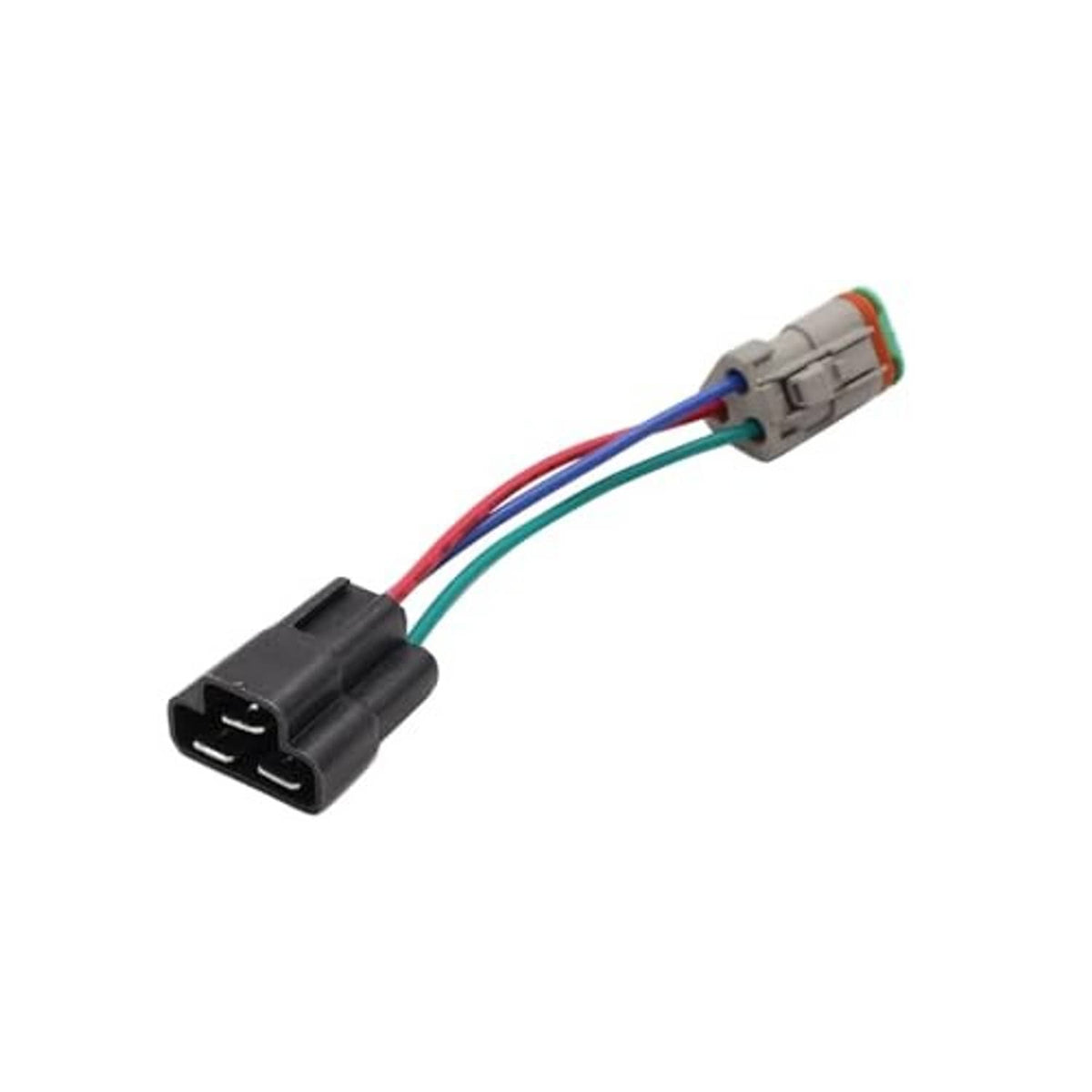 Black 2-pin connector and gray multi-pin plug with red, blue, and green wires