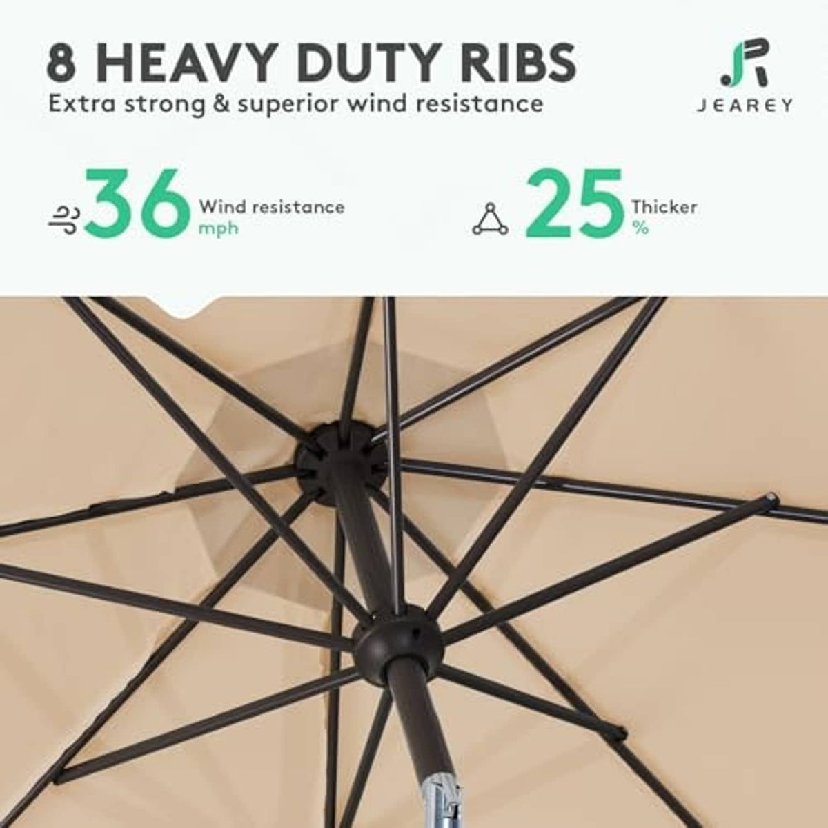 Beige umbrella canopy with heavy-duty ribs and black central support frame