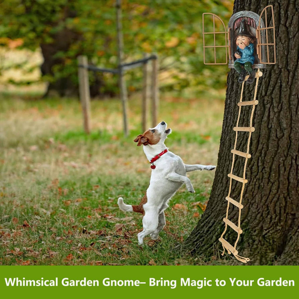 Tree-hanging garden gnome with miniature ladder and arched cage-style window frame