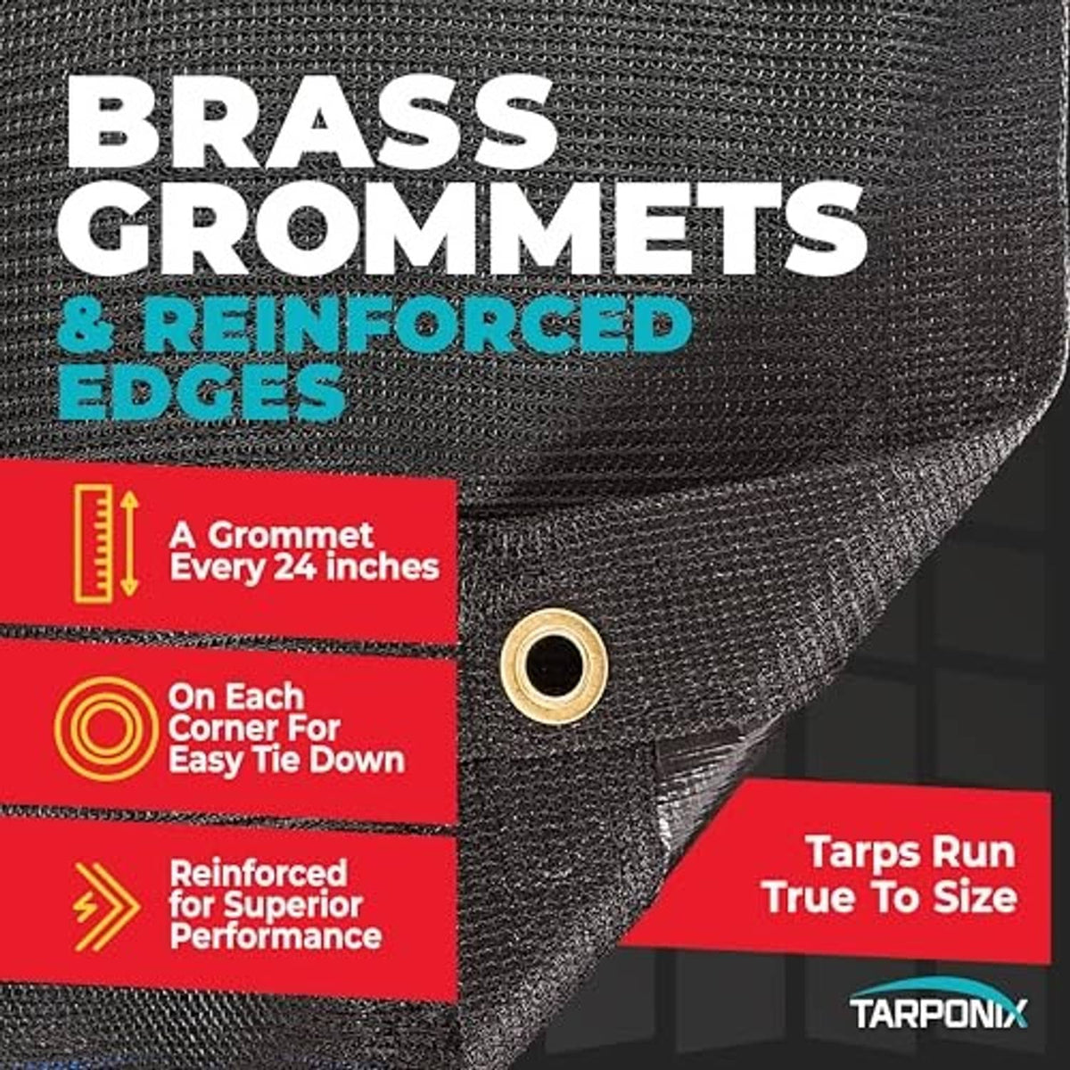 Black mesh shade tarp corner with brass grommet and reinforced edge