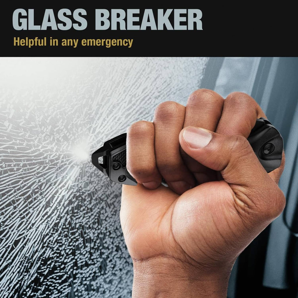 Pocket knife glass breaker tip pressed against a car window