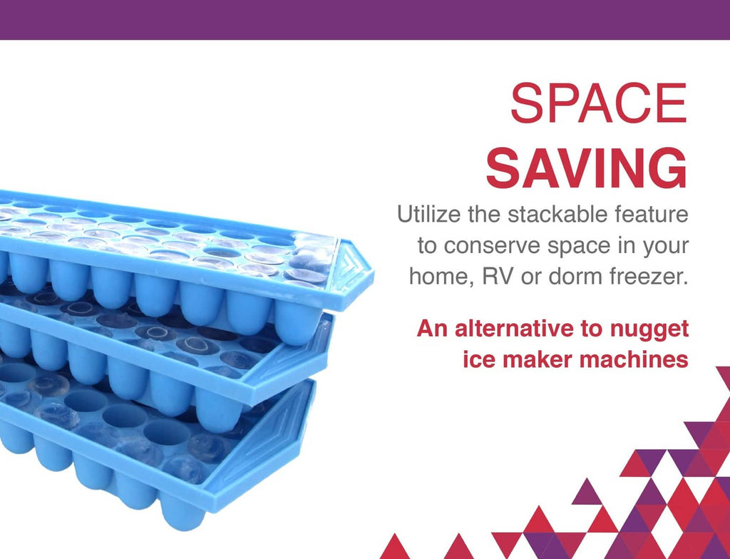 Stackable blue ice cube trays with molded cavities in a nested set