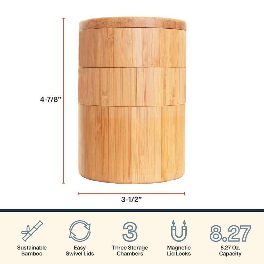 Bamboo triple salt cellar shown with three storage chambers and size markings