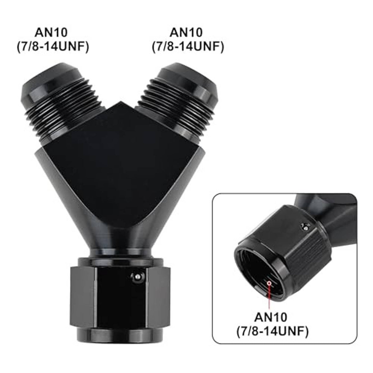 AN10 Y-splitter union with two male 7/8-14UNF ports and one matching 7/8-14UNF end