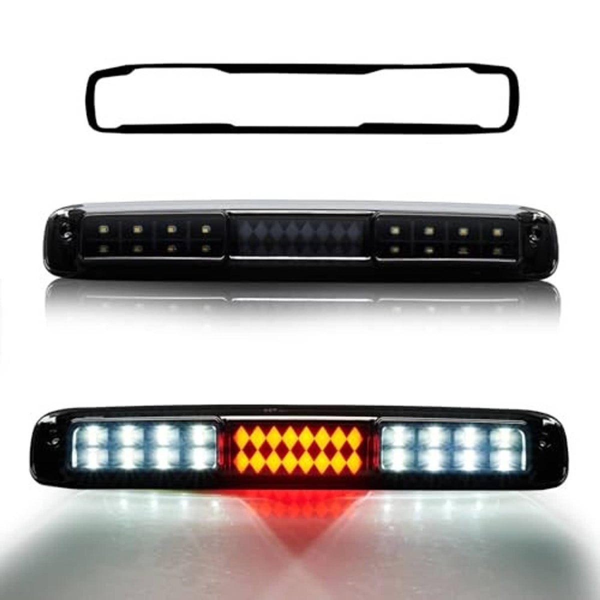 Third brake light LED bar front view with white LED strips and amber/red center