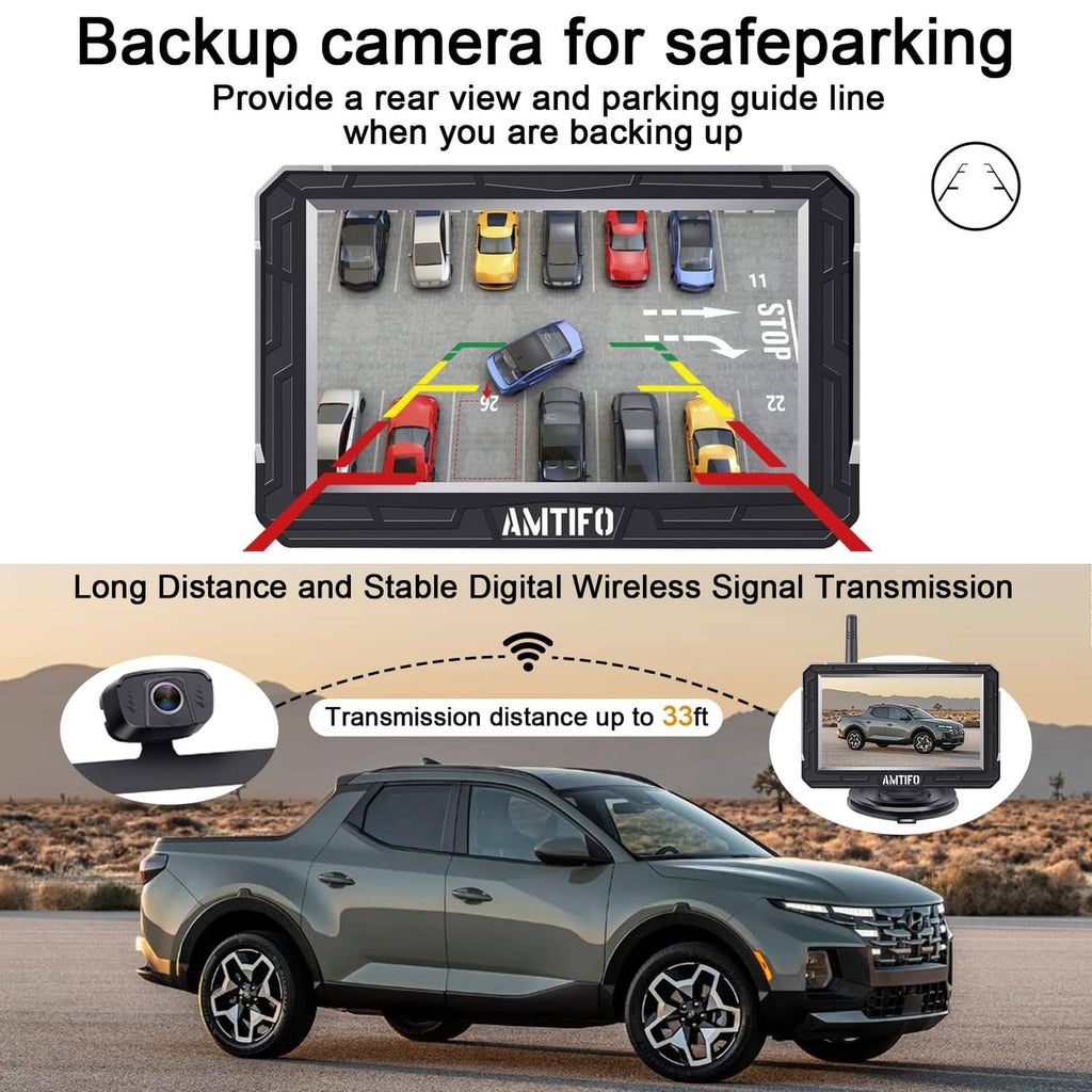 Wireless backup camera monitor with parking guide lines over a vehicle rear view