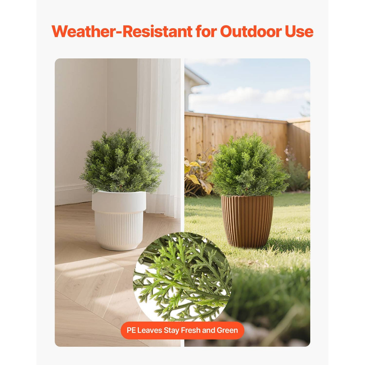 Artificial cypress topiary tree with green foliage and brown trunk, blue ground spike