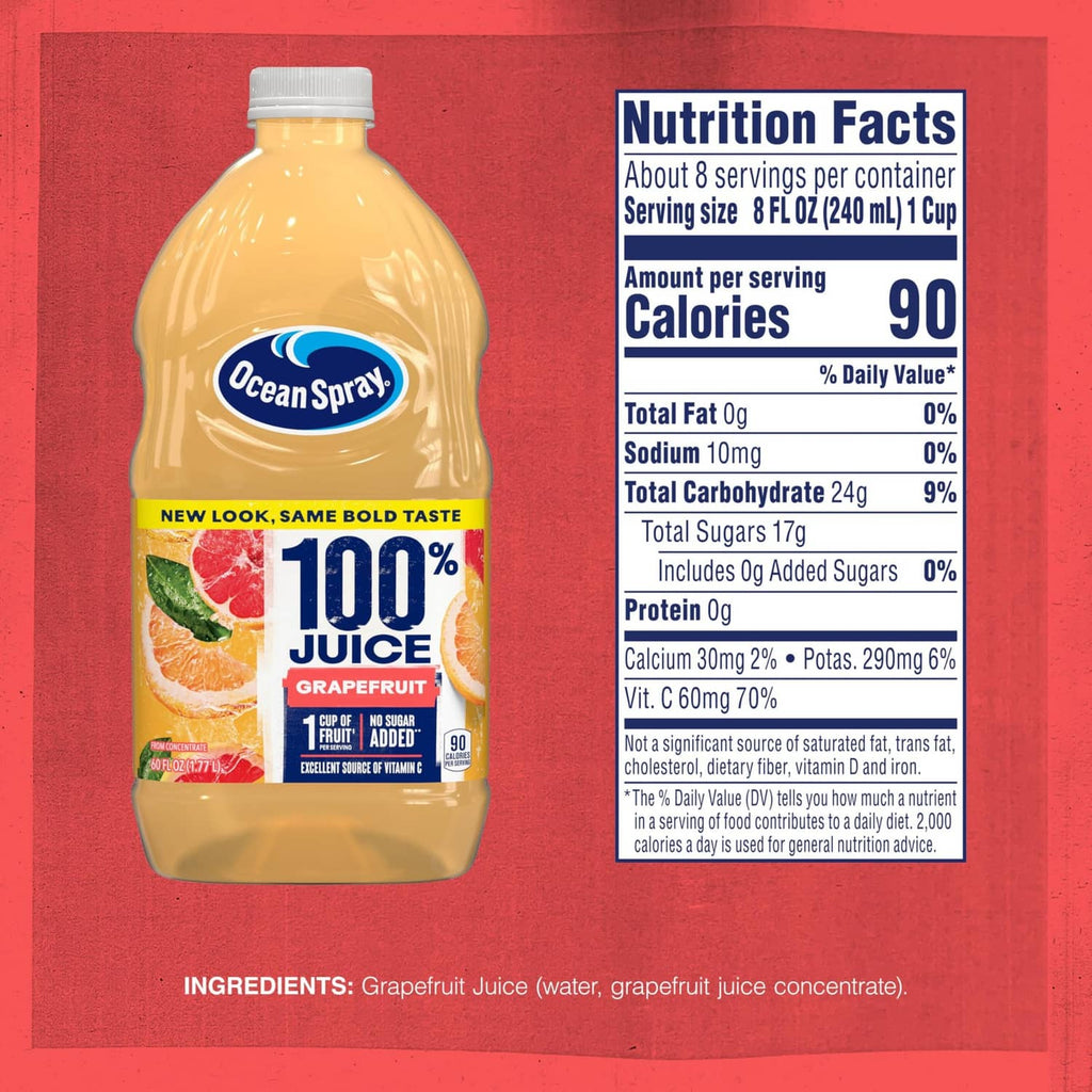 Grapefruit juice bottle with Nutrition Facts panel and 100% juice claim