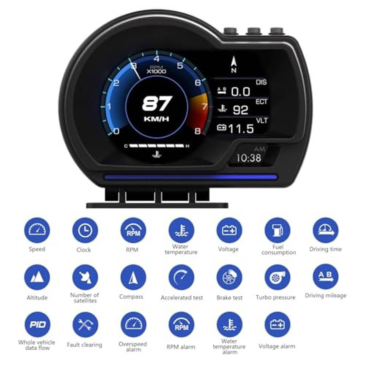Front view of black OBD+GPS HUD gauge with blue speed circle and right-side data panel