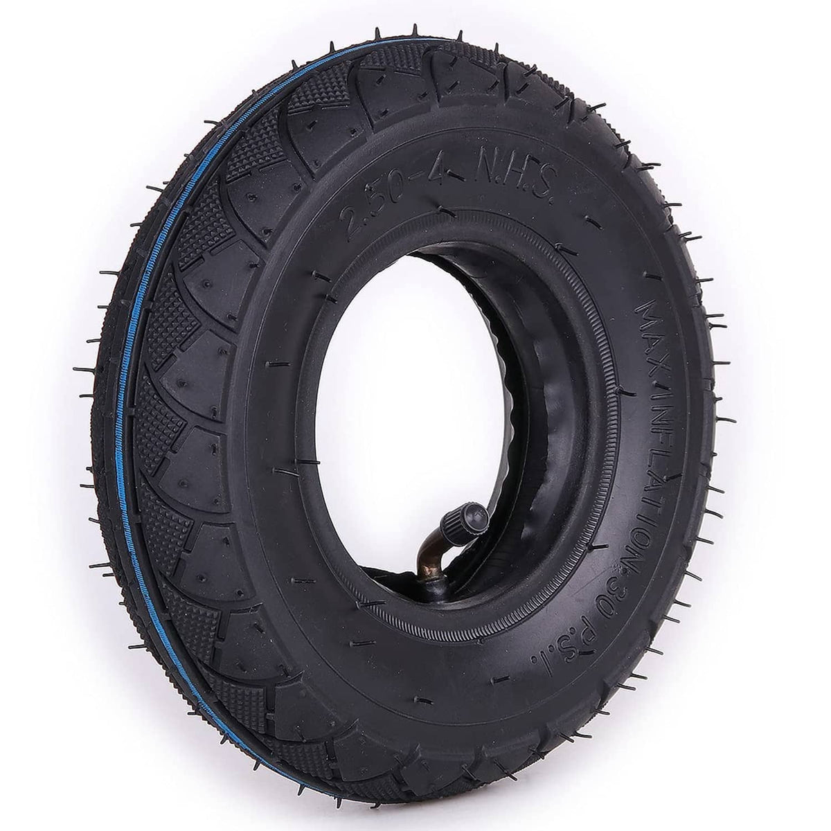Black tire with inner tube and valve, 8 in outer diameter; visible tread grooves