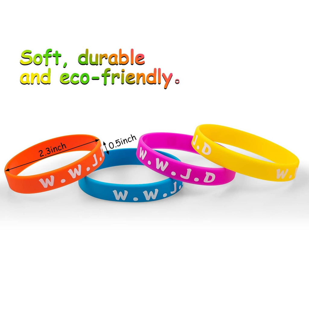 Assorted silicone wristbands showing 2-inch and 0.5-inch widths, with white lettering