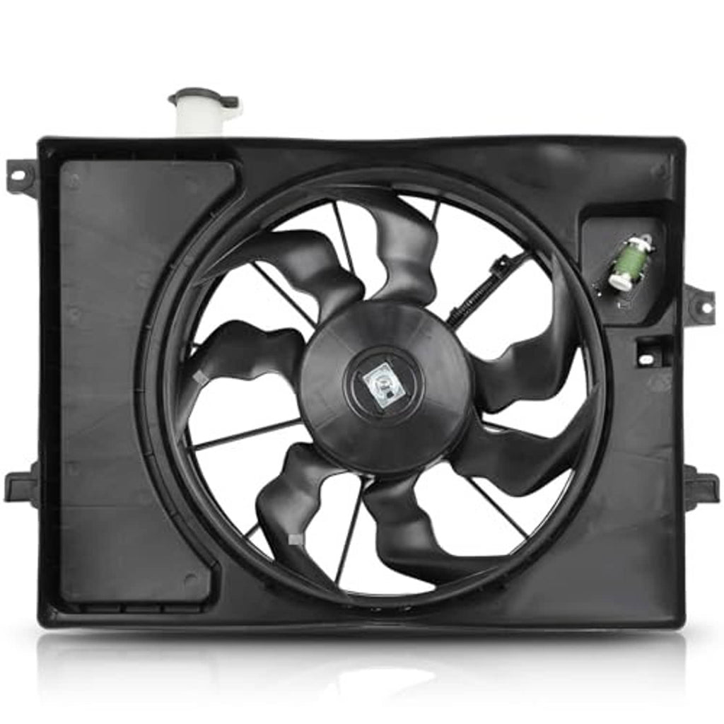 Radiator cooling fan assembly with black multi-blade fan in rectangular frame