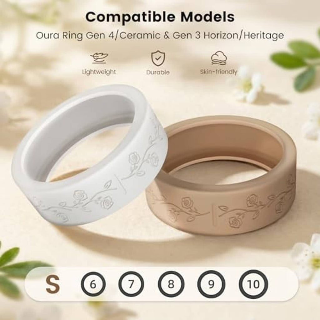 Ring covers in white and tan with floral engravings, shown with size range S–10