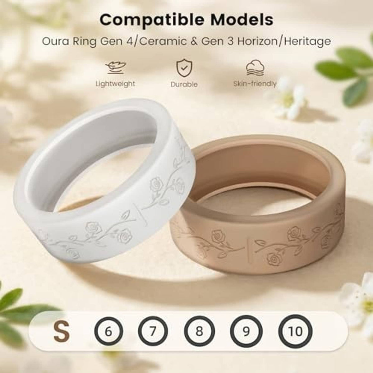 Ring covers in white and tan with floral engravings, shown with size range S–10