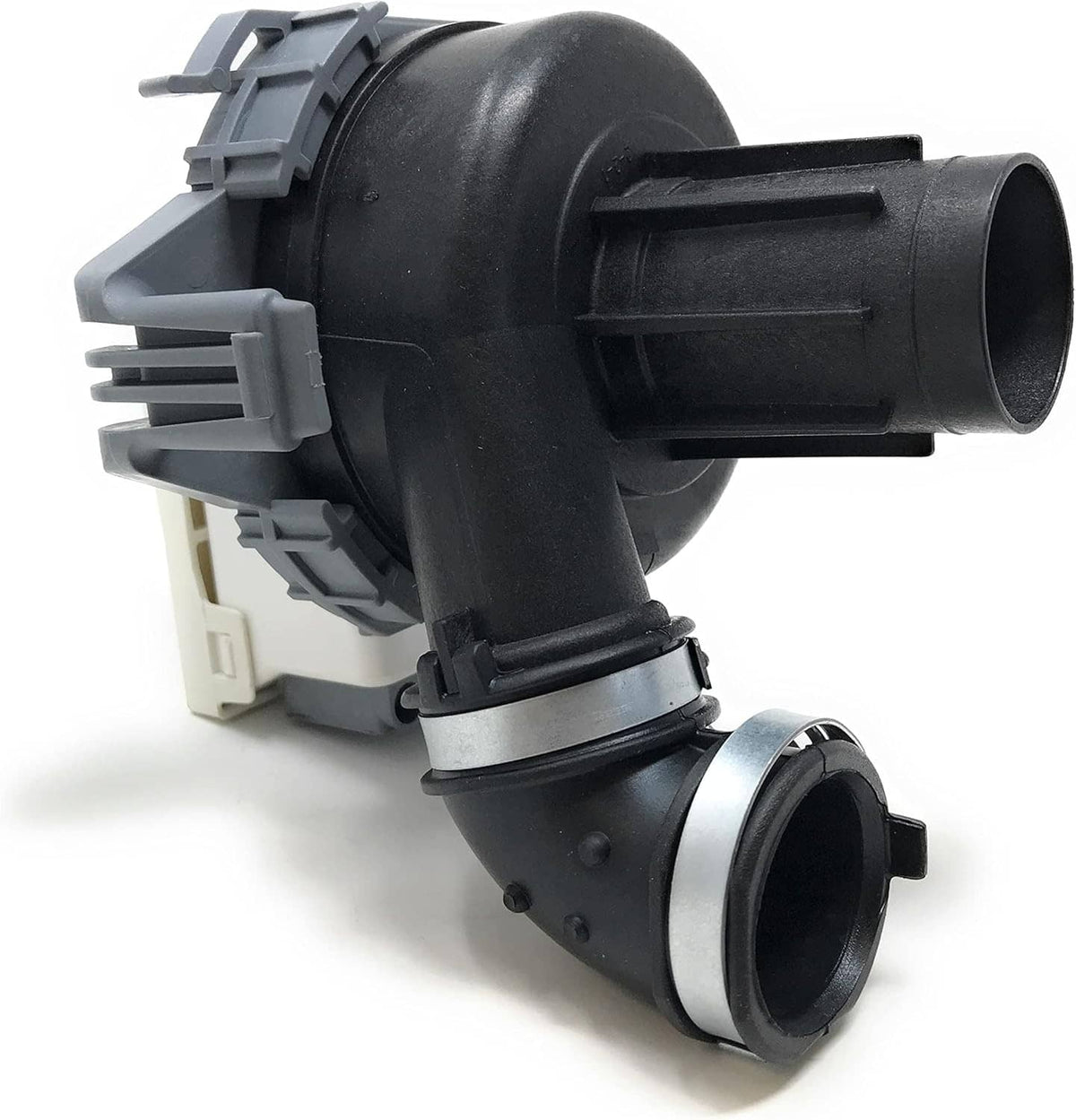Dishwasher pump with black curved outlet, gray plastic housing, and visible inlet ports