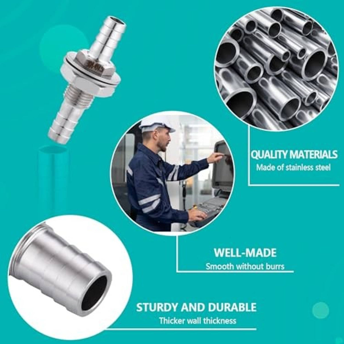 304 stainless steel hose barb bulkhead fitting with smooth barbed connector ends