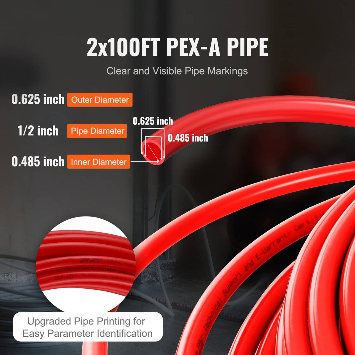 1/2-inch PEX-A pipe cross-section with visible diameter markings in red and blue