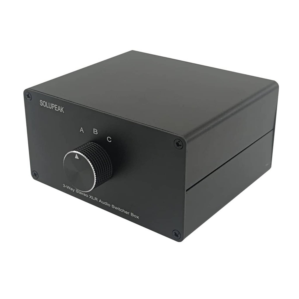 SOLUPEAK 3-way XLR stereo audio switch box angled front with A/B/C selector