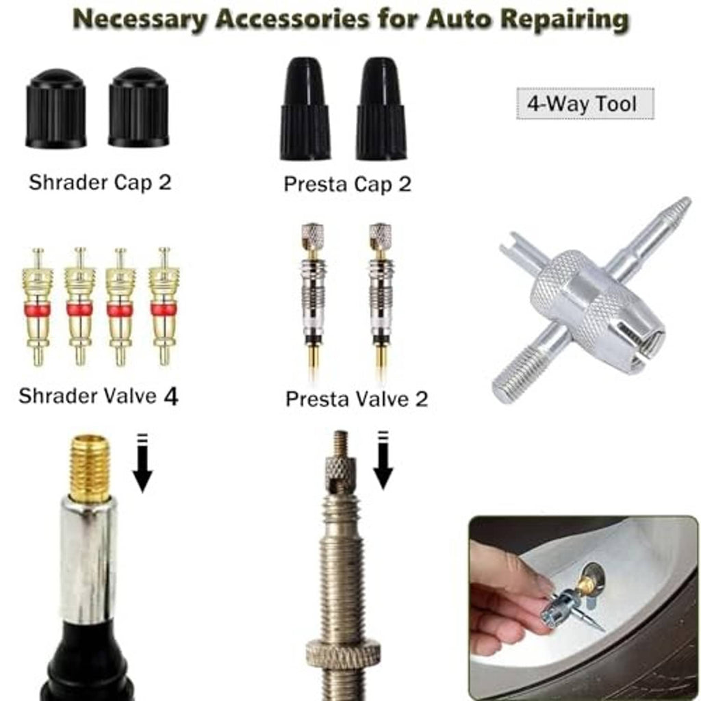 Auto valve accessory kit with Schrader and Presta caps, valve cores, and 4-way tool
